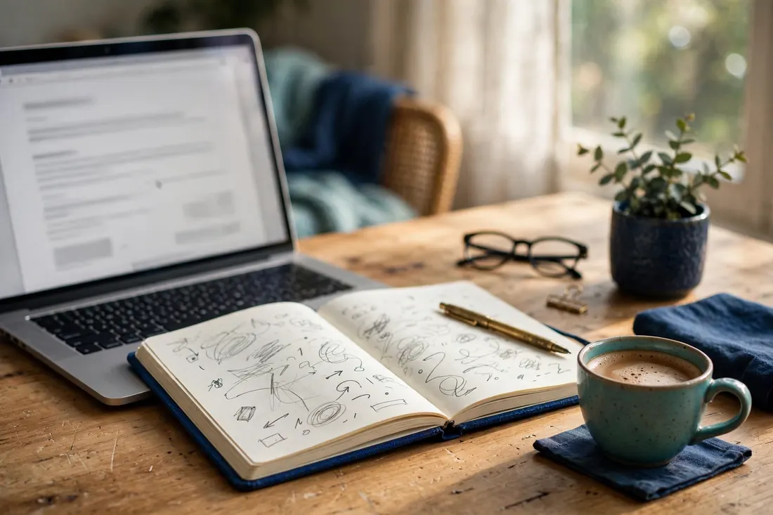 Writer's desk with a laptop showing an article draft and notebook