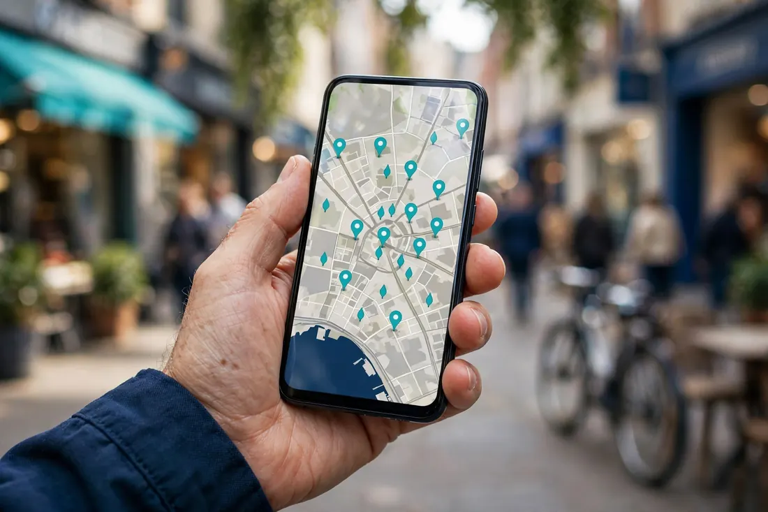 Hand holding a smartphone showing a map with local business location pins