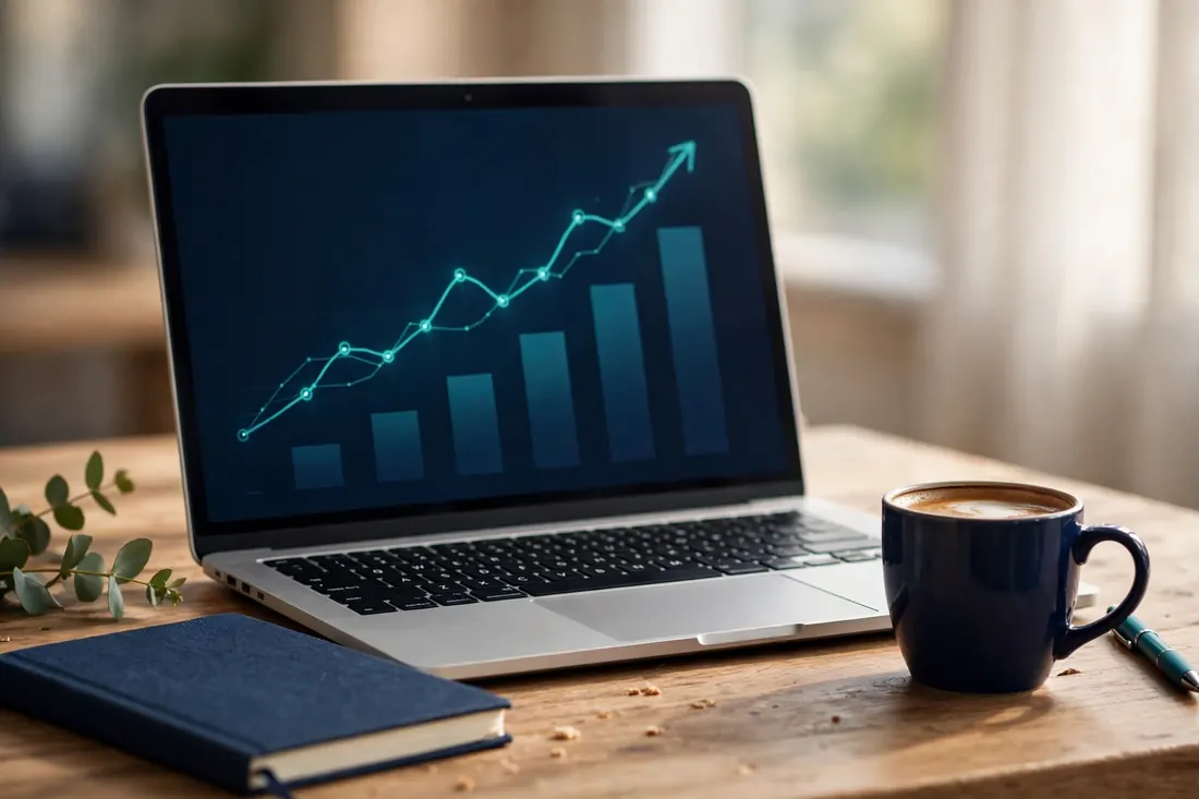 Laptop showing an SEO analytics dashboard with rising organic traffic graphs