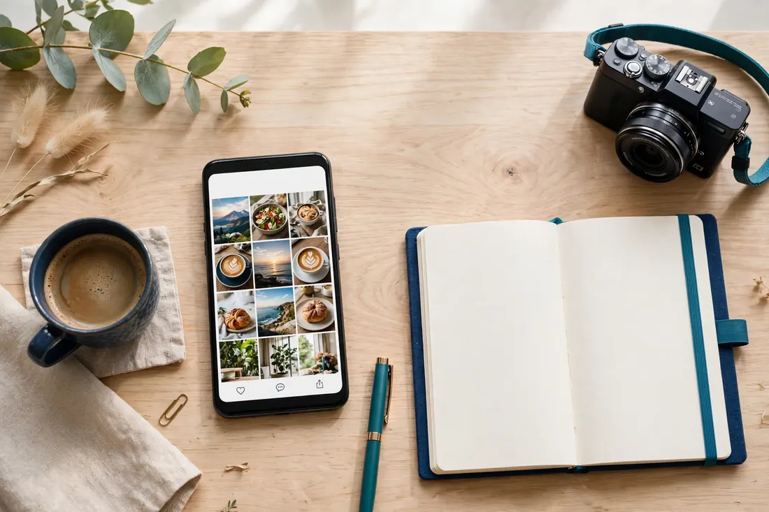 Flat lay of a smartphone with social media feeds, notebook and camera